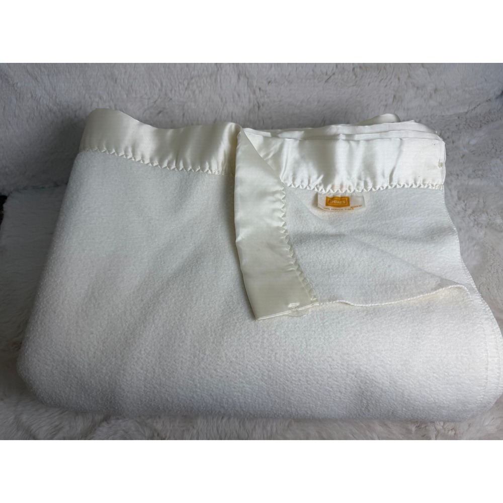 Vintage Sears Twin Blanket Cream White Satin Trim 100% Acrylic 86x64 Source 47